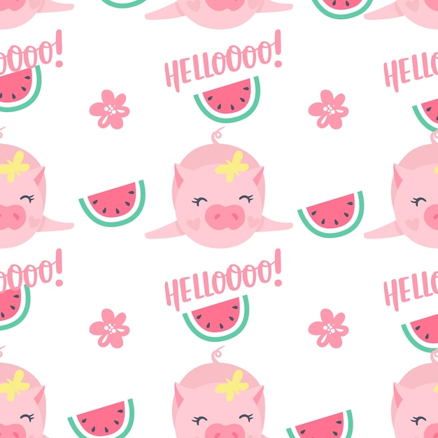 Vector seamless pattern with funny pigs. Elements for New Year's design. Symbol of 2019 on the Chinese calendar. Pig background isolated on white. Cartoon animals for wrapping paper, cards, bedding.