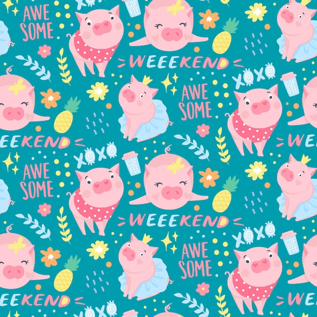 Vector seamless pattern with funny pigs. Symbol of 2019 on the Chinese calendar. Pig background isolated on white. Cartoon animals for wrapping paper, cards, bedding. Kids design.