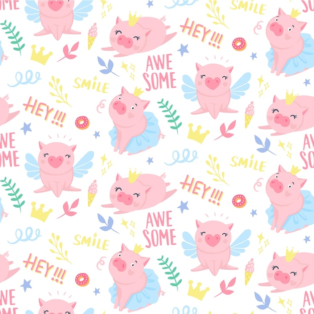 Vector vector seamless pattern with funny pigs. symbol of 2019 on the chinese calendar. pig background isolated on white. cartoon animals for wrapping paper, cards, bedding. kids design.