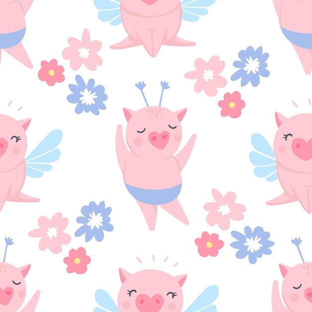 Vector seamless pattern with funny pigs. Symbol of 2019 on the Chinese calendar. Pig background isolated on white. Cartoon animals for wrapping paper, cards, bedding. Kids design.