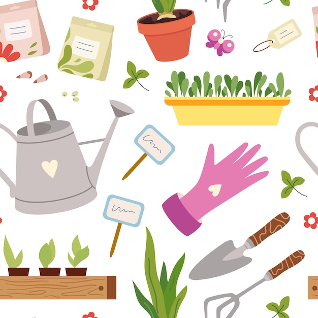 vector seamless pattern with gardening tools like trowel watering can young plants seedlings spring