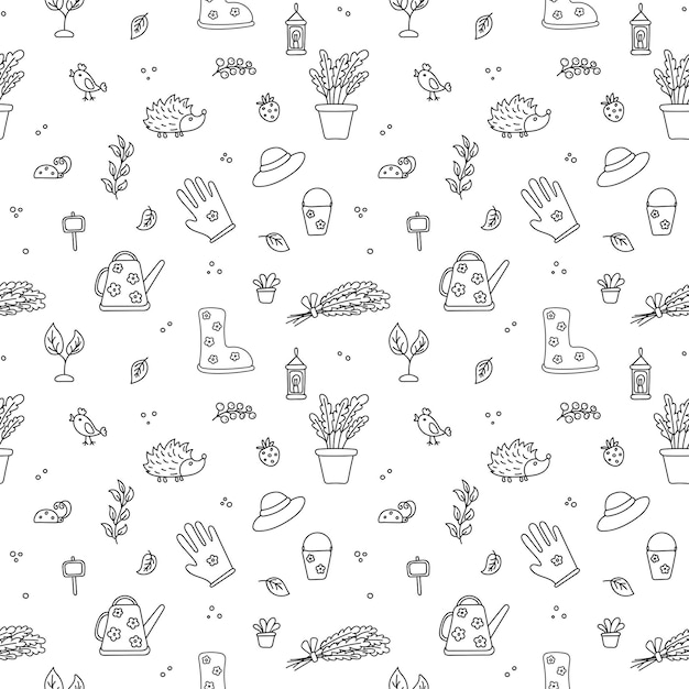 Vector seamless pattern with gardening topic Hand drawn cute doodle illustration