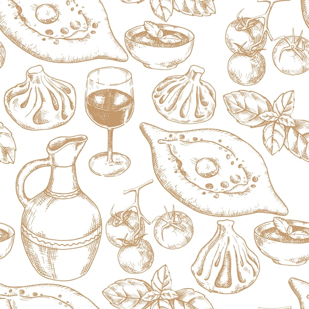 vector seamless pattern with Georgian food. Dishes of Georgian cuisine, graphic drawing, sektch.