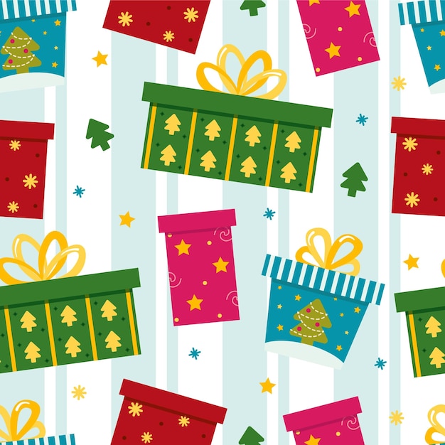 Vector seamless pattern with gifts on a striped background