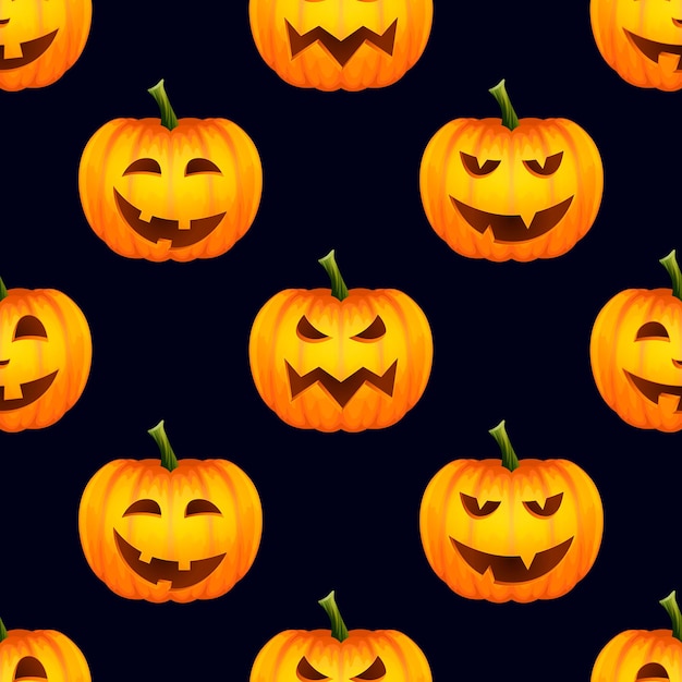 Векторный бесшовный узор с глянцевым мультяшным хэллоуинским тыквенным фонарем со смешными лицами на черном фоне шаблон дизайна осенние праздники хэллоуин концепция