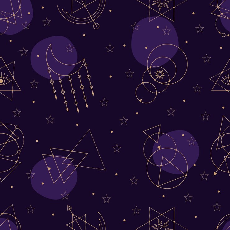 Vector vector seamless pattern with gold alchemy and astrology symbols hand drawn in lines