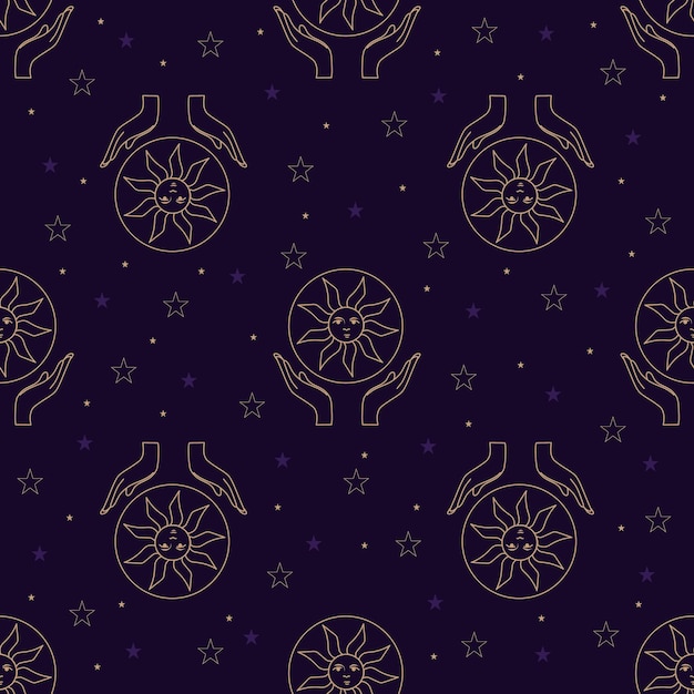 Vector seamless pattern with gold alchemy and astrology symbols hand drawn in lines