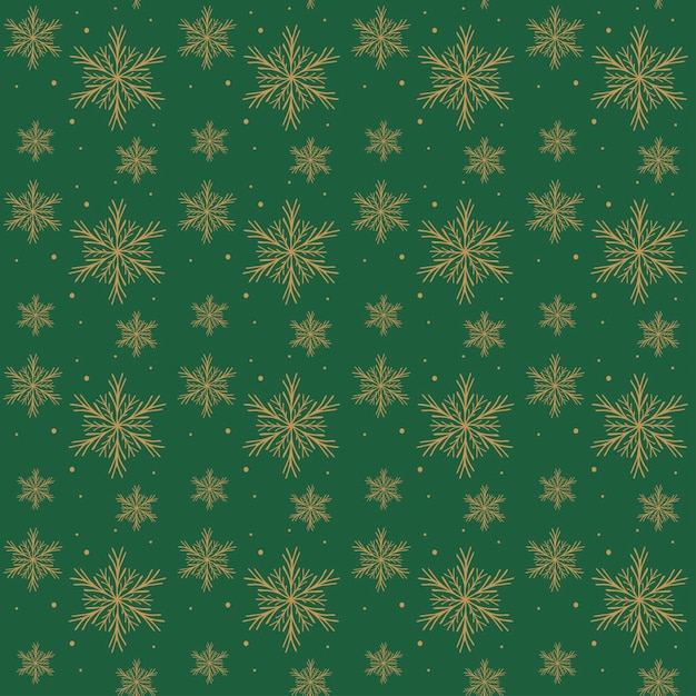 Бесшовный узор вектор с золотыми снежинками на зеленом фоне