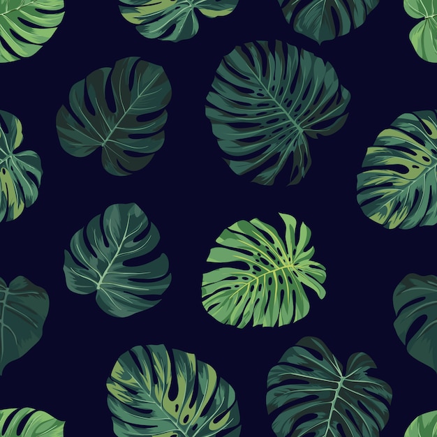 녹색 몬스 테라 손바닥 벡터 원활한 패턴 어두운 배경에 나뭇잎. 여름 열대.