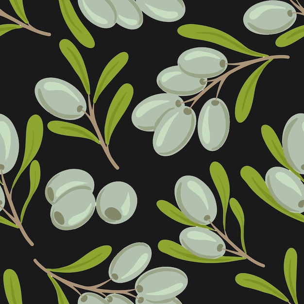 Vector seamless pattern with green olive tree branches on black background Hand drawn For the design natural organic cosmetics wrapping paper soap olive oil Stock illustration