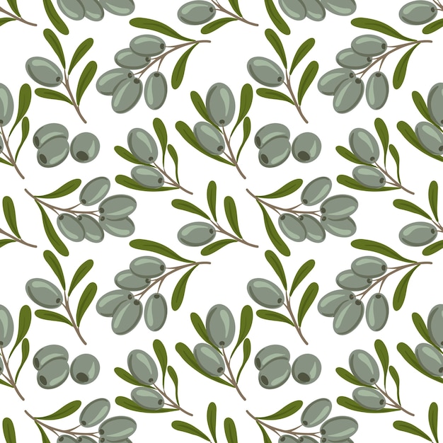 Reticolo senza giunte con rami di olivo verde su sfondo bianco disegnato a mano per la progettazione cosmetici biologici naturali carta da imballaggio sapone olio d'oliva stock illustrazione