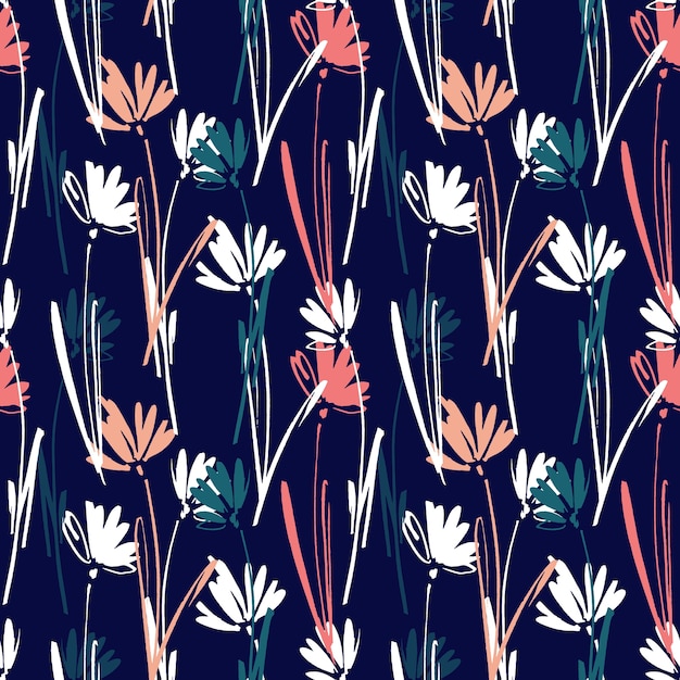 Vector seamless pattern with hand drawing wild plants, herbs and flowers. 