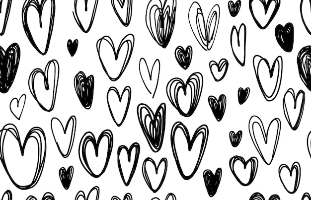 Векторный бесшовный рисунок с нарисованными вручную черными сердцами на белом фоне день святого валентина