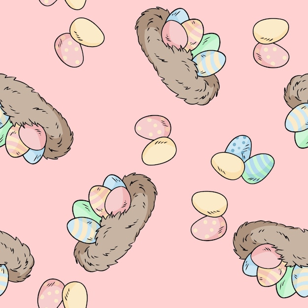 Vector seamless pattern with hand drawn bird nests with easter eggs