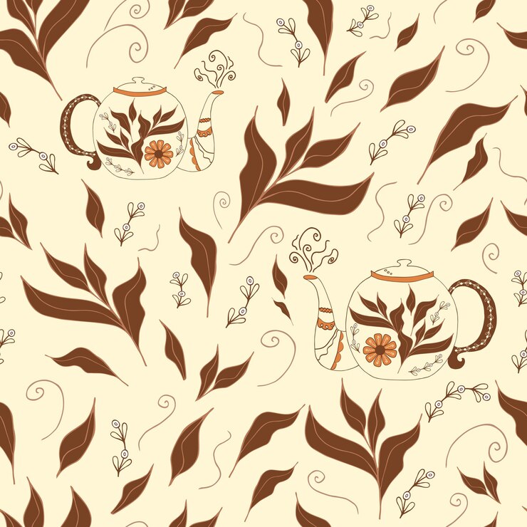 वेक्टर vector seamless pattern with hand drawn black tea leaves and teapot