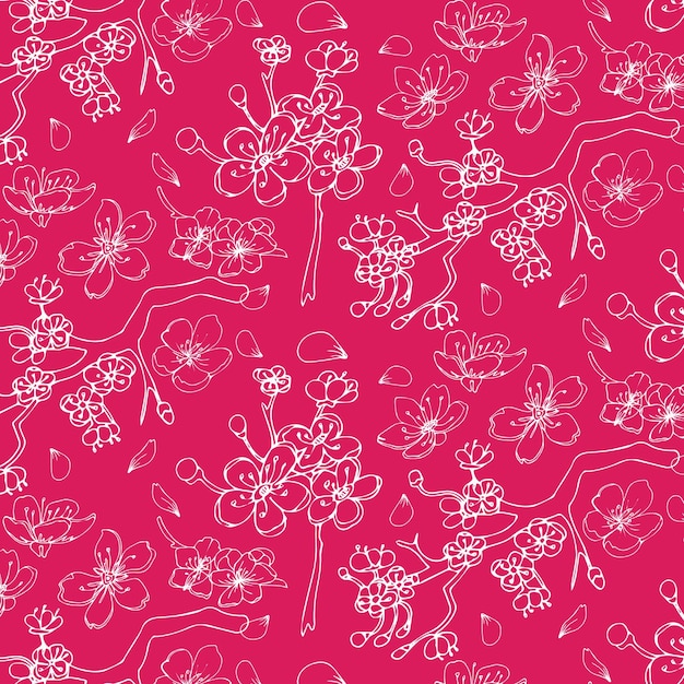 Vector seamless pattern with hand drawn branch sakura flowers