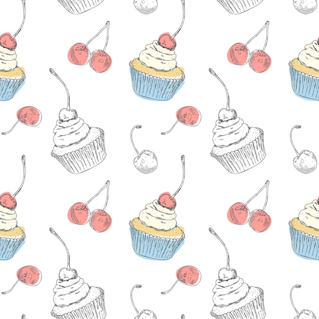 Vector seamless pattern with hand drawn cheesecake and cupcake with cherries outline vector illustration of dessert on white background