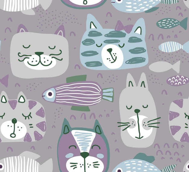 Vector seamless pattern with hand drawn colorful cat faces and graphic fishes