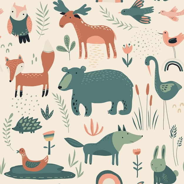 Бесшовный узор вектор с рисованной лесных животных, деревьев, цветов и растений
