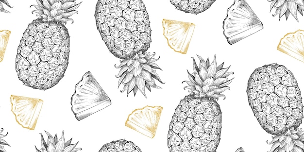 Vector vector seamless pattern with hand drawn fresh fruits in sketch style ripe pineapples and slices