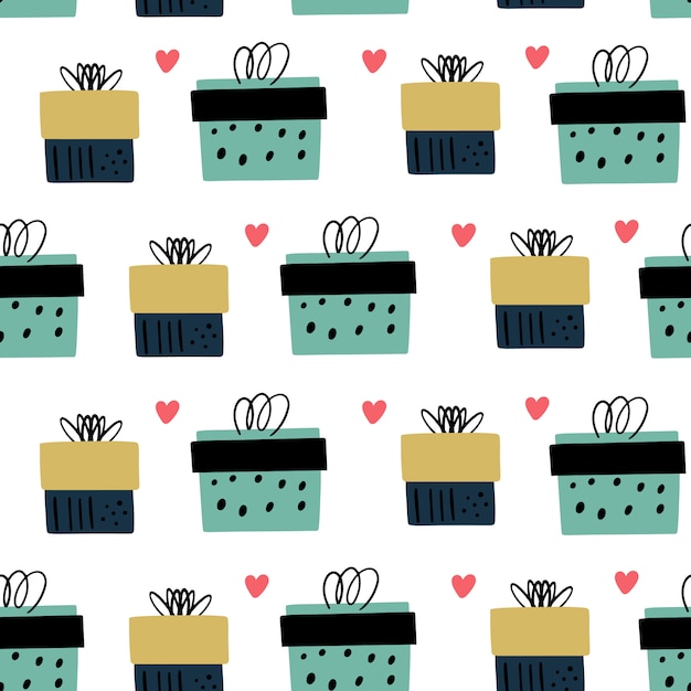 Vector vector seamless pattern with hand drawn gift boxes in doodle style.