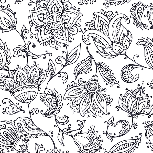 Vector vector seamless pattern with hand drawn henna mehndi floral elements beautiful endless background in oriental indian style