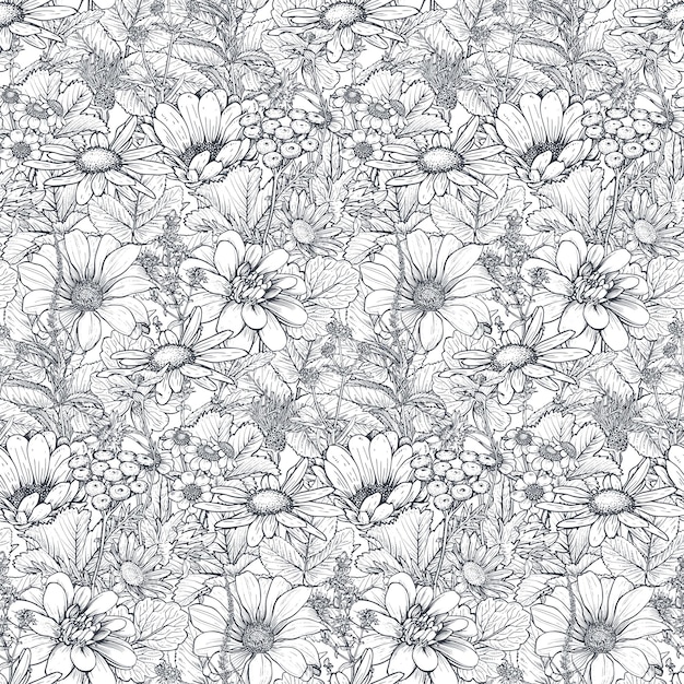 ベクトル 手描きのハーブカモミールの花と野花とのベクトルのシームレスなパターン