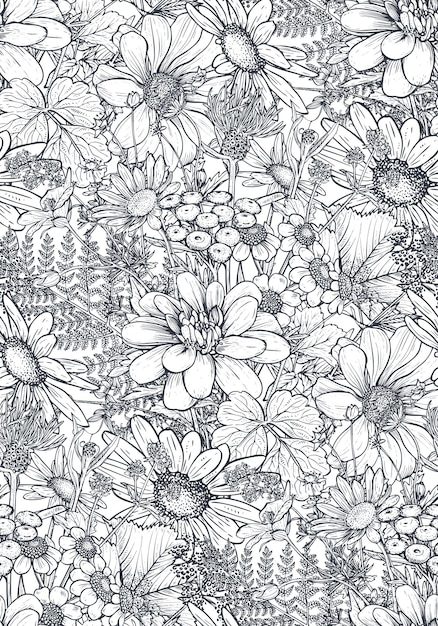 Vector seamless pattern with hand drawn herbs and wildflowers