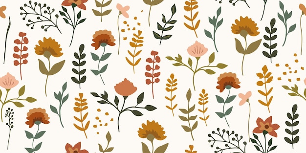 Vector seamless pattern with Hand Drawn Naive Flowers and Botanical element Simple floral ornament