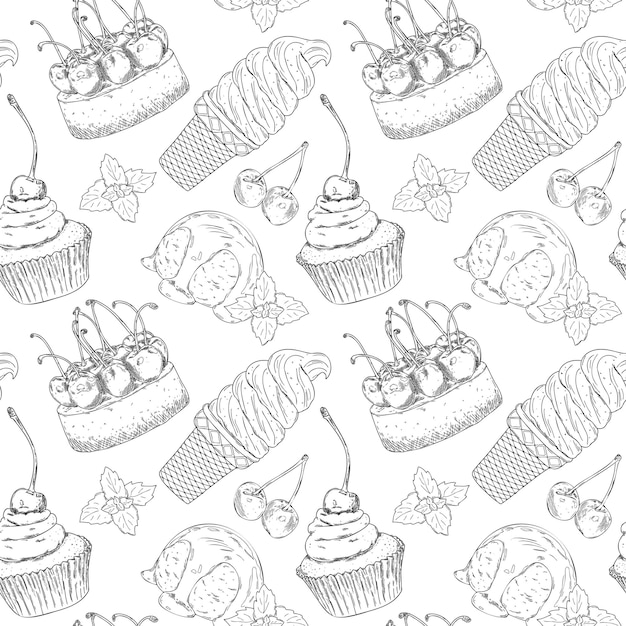 Vector seamless pattern with hand drawn outline different desserts Outline cupcake cheesecake and ice cream