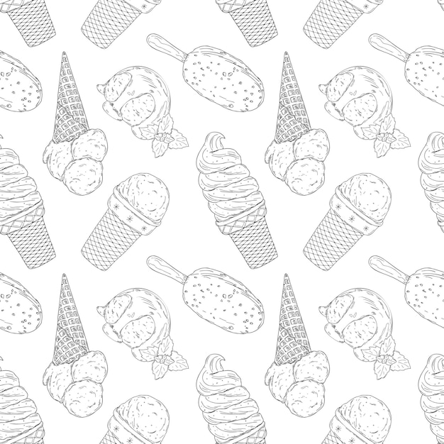 Vector seamless pattern with hand drawn outline different ice cream