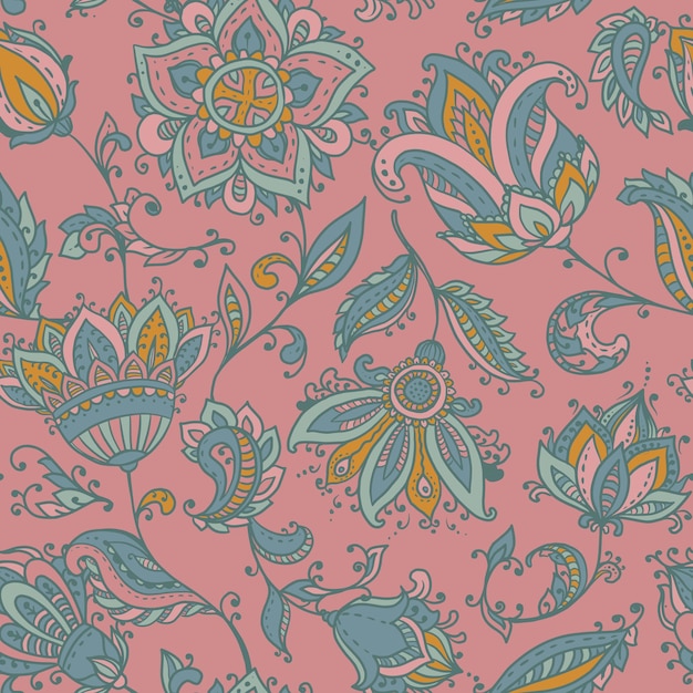 vector seamless pattern with hand drawn paisley floral elements. beautiful colorful endless background in oriental indian style in bright colors