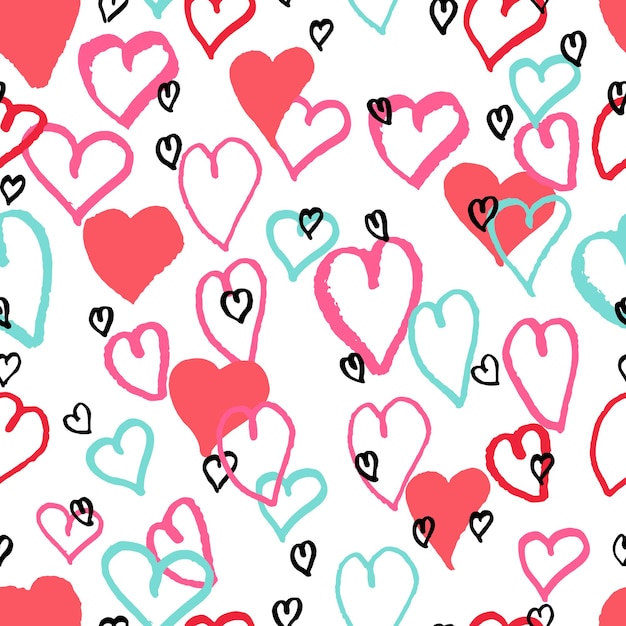 Vector seamless pattern with hand drawn red blue and black hearts of doodles romantic background val...