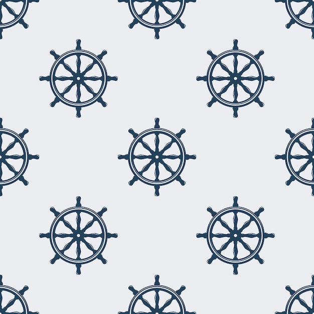 섬유 직물 의류 배경 화면 흰색 골동품 빈티지 해양 기호에 파란색 조타 스티어링 휠에 대한 손으로 그린 배 조타 디자인 템플릿과 벡터 원활한 패턴