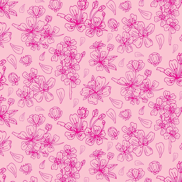 Vector seamless pattern with hand drawn twigs and sakura flowers on a pink background.