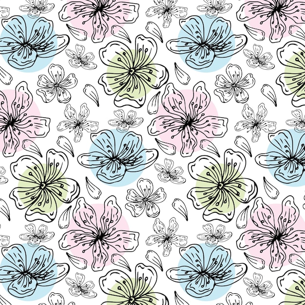 Vector seamless pattern with hand drawn twigs and sakura flowers on a white background.