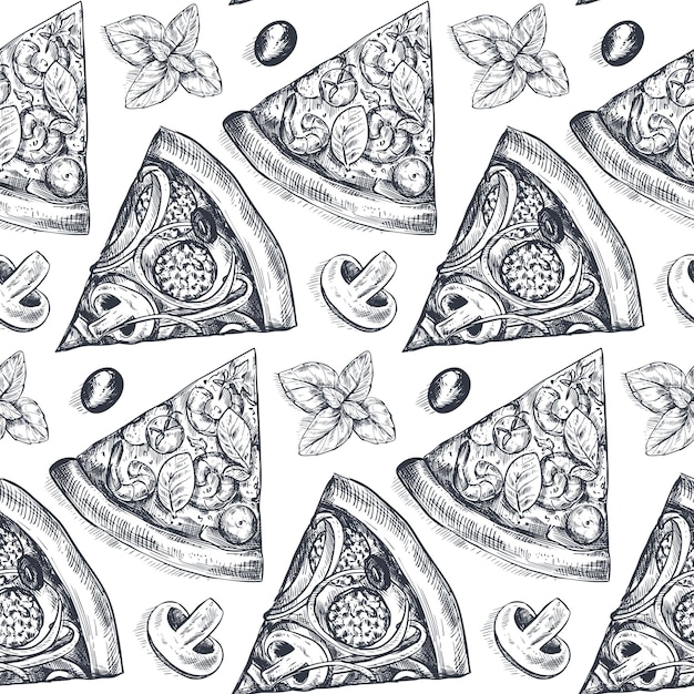 손으로 그린 벡터 피자 조각과 스케치 스타일 전통 이탈리아 음식의 재료를 사용한 벡터 매끄러운 패턴