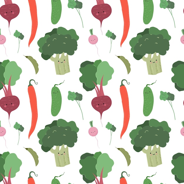 ベクトル 手描き野菜とシームレスなパターンをベクトルします。プリントデザインのトレンディなコレクション。健康食品