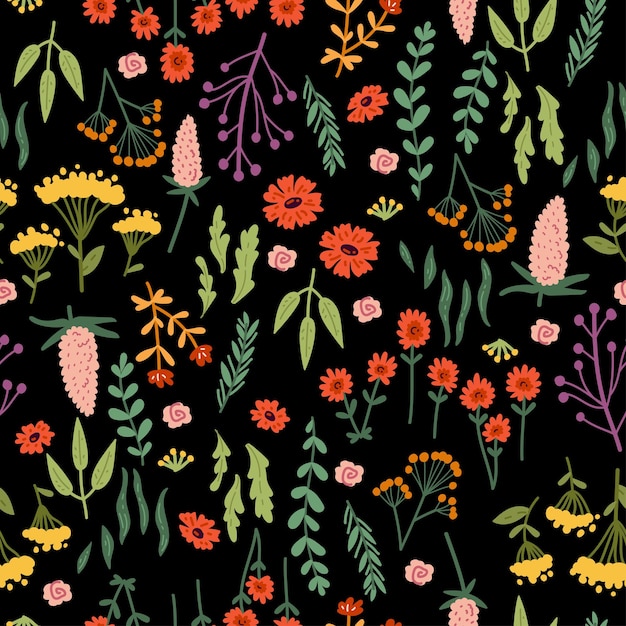 Vector seamless pattern with hand drawn wild flowers