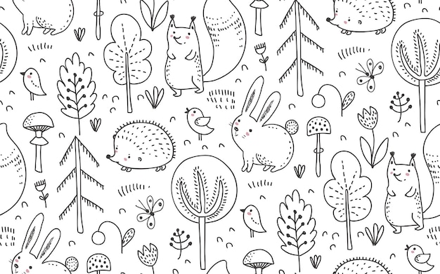 Vector seamless pattern with hand drawn wild forest animals trees flowers mushrooms