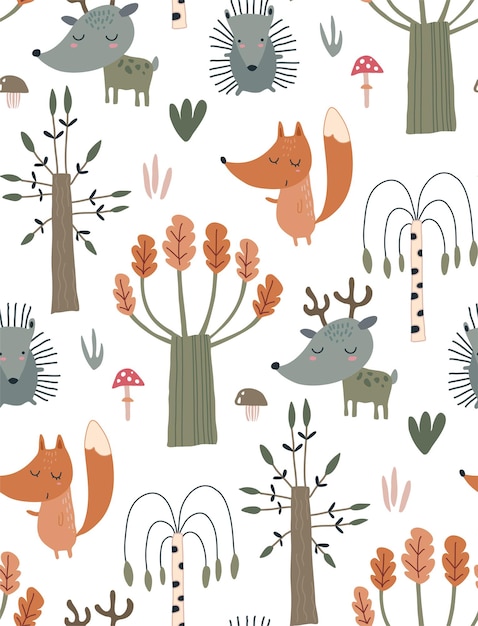手描きの野生の森の動物や木とシームレスなパターンをベクトルします。