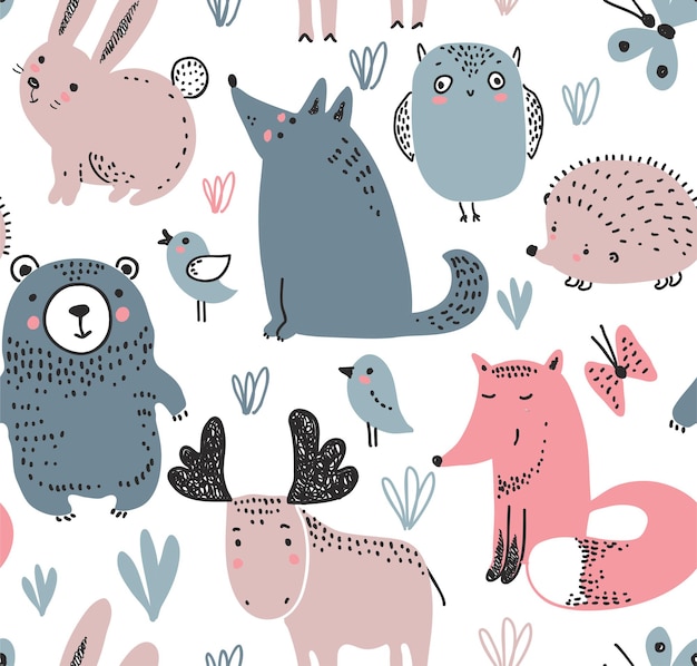 Vector seamless pattern with hand drawn wild forest animals on the white background