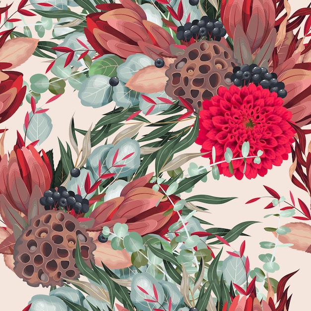 Vector seamless pattern with high detailed dahlia flowers and foliage on white background