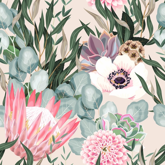 Vector vector seamless pattern with high detailed protea flowers and foliage on white background