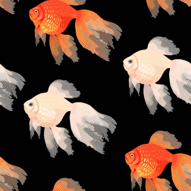 Vector seamless pattern with high detailed veiltail goldfish on black background