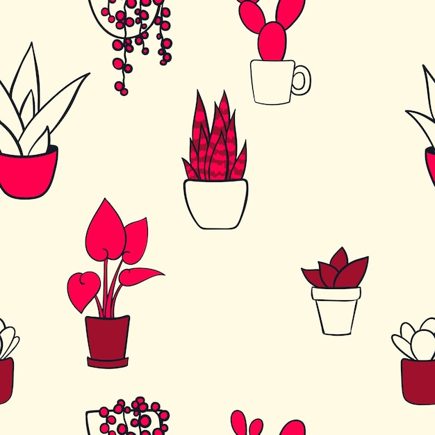 Vector seamless pattern with house plants in pots. cute cartoon pattern. vector illustration