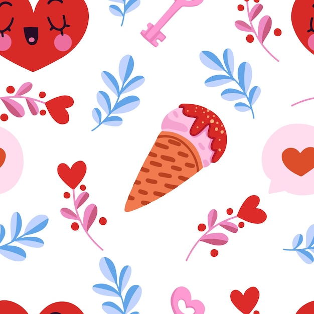 ベクトル バレンタインデーのアイスクリーム、ハート、植物とのシームレスなパターンをベクトルします。