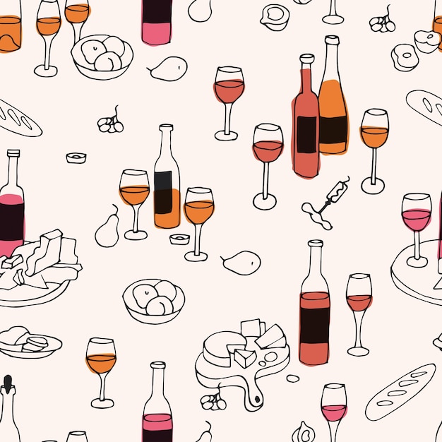 Vector seamless pattern with icons in linear style wine sets with bottles of wine glasses and plates with cheese and fruits