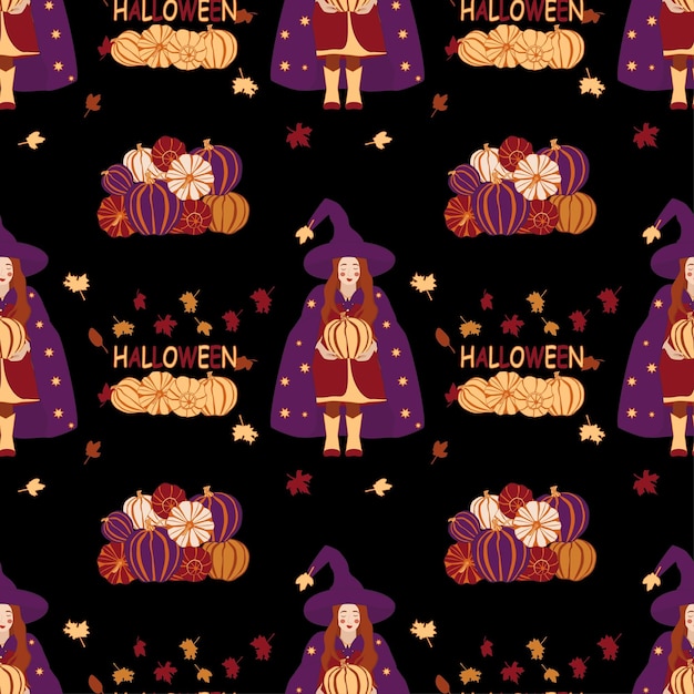 Vector seamless pattern with the image of a little witch in a hat with pumpkins