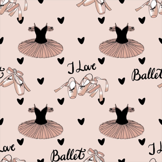 Vector vector seamless pattern with the image of a tutu pointe shoes